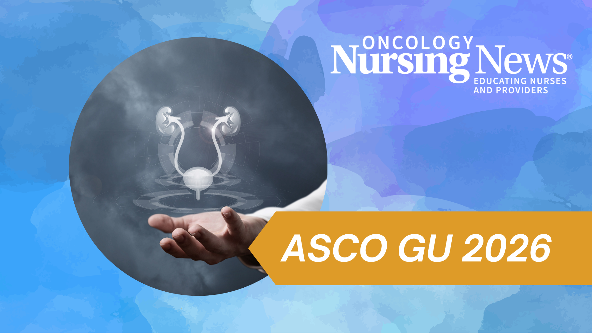 Graphic featuring a genitourinary system icon, a banner that says "ASCO GU 2026," and an Oncology Nursing News logo