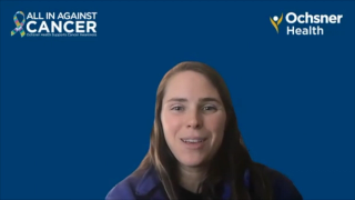 woman in front of a dark blue background for Oschner Health