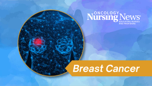 Graphic with an visual of a breast with a tumor. The graphic features the Oncology Nursing News logo and a banner that reads "Breast Cancer"