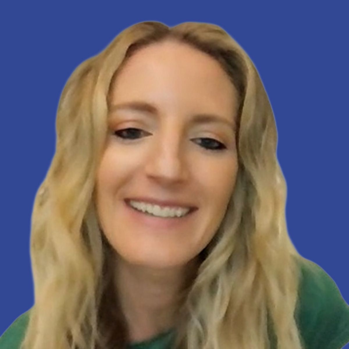 Image of a woman with blond hair wearing a green shirt in front of a blue background