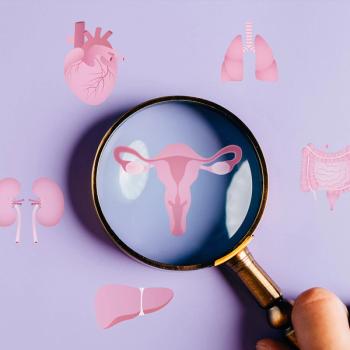 Image of icons representing different organs in a circle with the female reproductive system in the middle under a magnifying glass