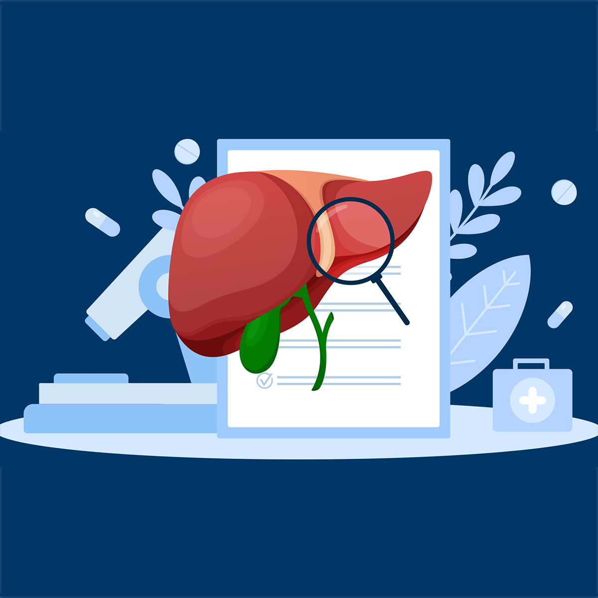 Illustration of a liver in front of a document and medical icons with a magnifying glass over the liver