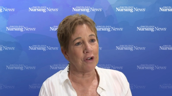Image of Pattie Jakel, MN, RN, AOCN, in front of a blue watercolor Oncology Nursing News backdrop