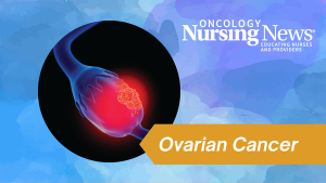 Graphic featuring an ovary with a tumor with the Oncology Nursing News logo and a banner that reads "Ovarian Cancer"