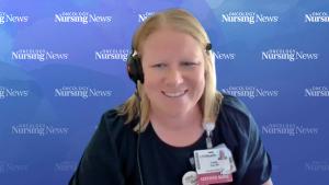 Image of a woman with blond hair wearing a headset and a hospital badge over a blouse in front of a watercolor Oncology Nursing News background