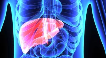 Blue, three-dimensional diagram of a person with the liver highlighted in orange