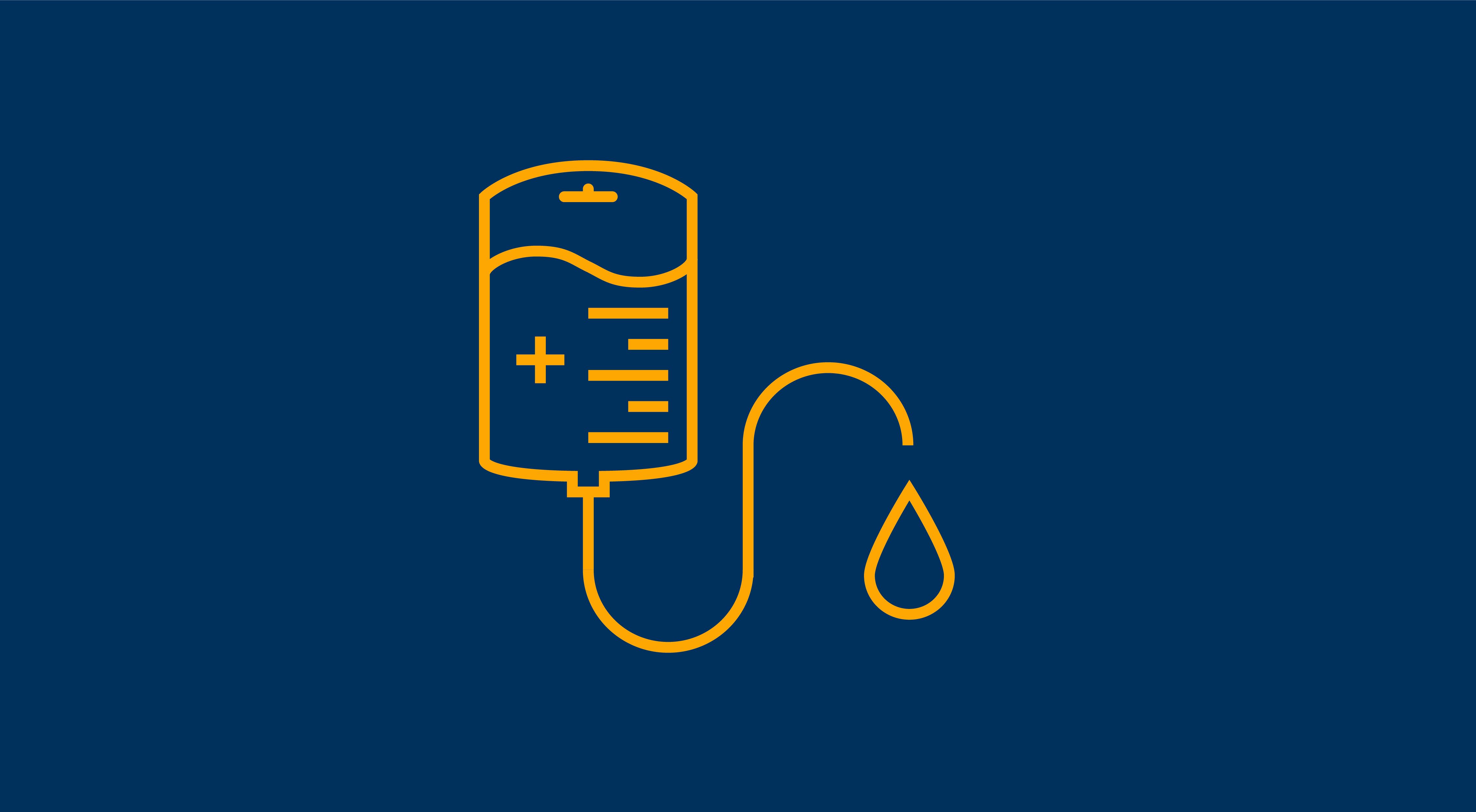 Line illustration of an IV drip in gold on a dark blue background