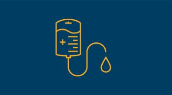Line illustration of an IV drip in gold on a dark blue background