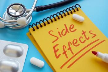 blue background with a yellow notepad that says side effects in red writing