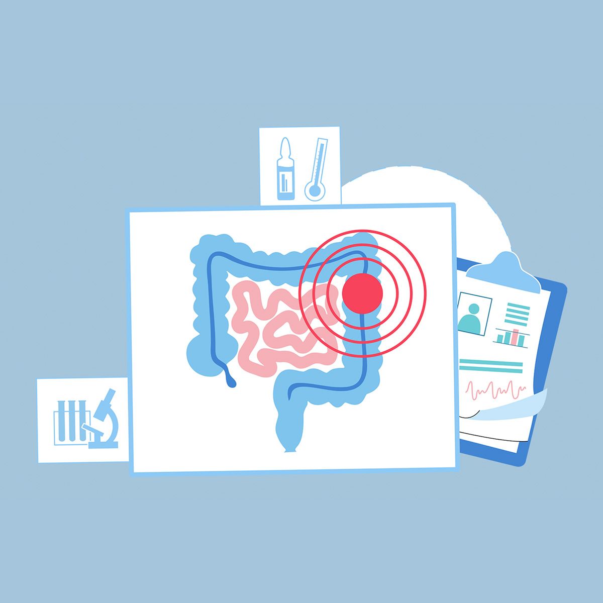 Illustration of medical icons including a figure of the gastrointestinal tract