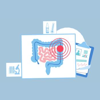 Illustration of medical icons including a figure of the gastrointestinal tract