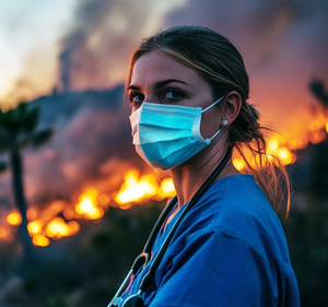 Image of a nurse standing in front of a wildfire in the distance. The nurse is a white woman wearing nurse scrubs, a face mask, and a stethoscope around her neck.