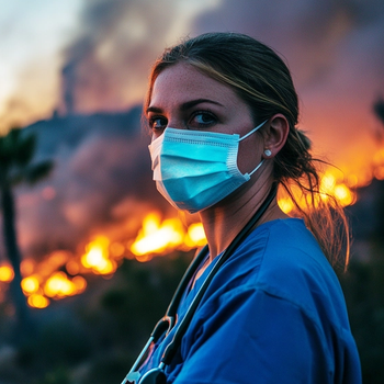 Image of a nurse standing in front of a wildfire in the distance. The nurse is a white woman wearing nurse scrubs, a face mask, and a stethoscope around her neck.