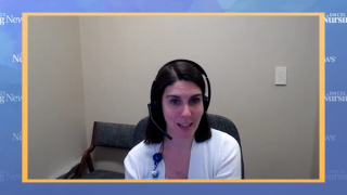 Photo of Jamie Carroll, APRN, CNP, MSN, from a video call with an Oncology Nursing News branded border around the frame