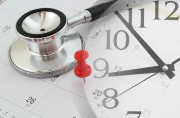 Image of a calendar with a thumb tack stuck on a day reading "20," and a stethoscope lying on the calendar, with an image of a clock overlaying