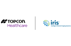 Logos for Topcon Healthcare (left, black and purple) and Intelligent Retinal Imaging Systems (IRIS, right, blue and green). Concept image for diabetic eye disease retina screening company merger. Image courtesy of Topcon Healthcare.