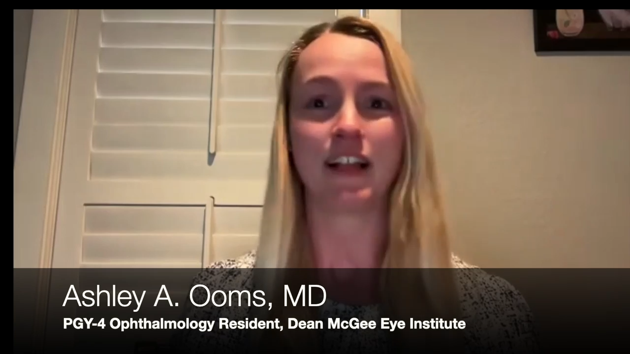 Image credit: Ophthalmology Times; Dean McGee Eye Institute resident Ashley Ooms, MD, explores gray area strabismus surgery complications in AUPO poster
