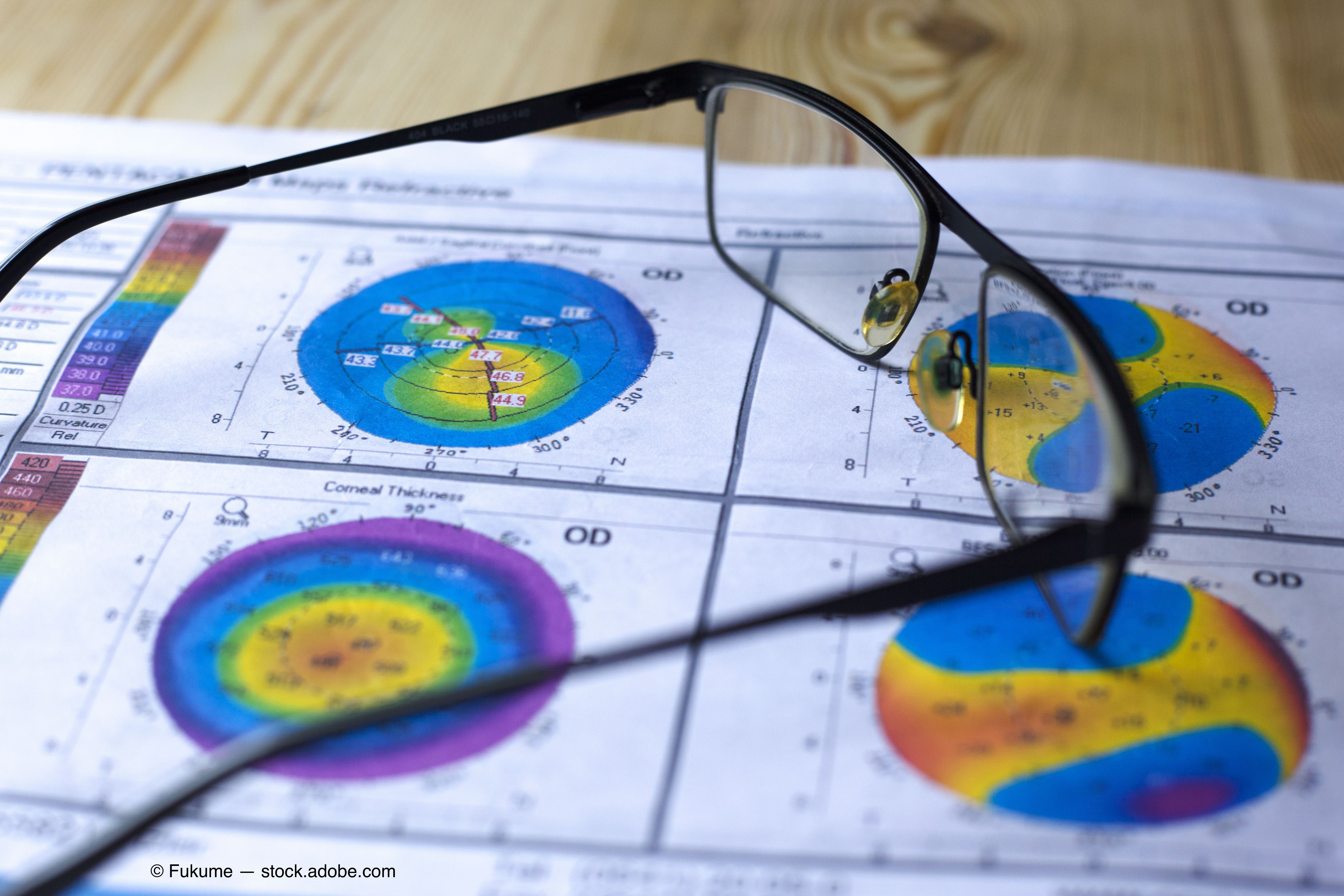Glasses sitting on a sheet of paper with colorful images of a cornea topography