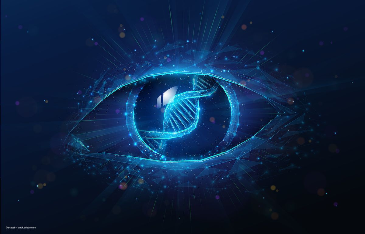 An illustration of an eye with a DNA helix in the pupil. Image credit: ©artacet – stock.adobe.com