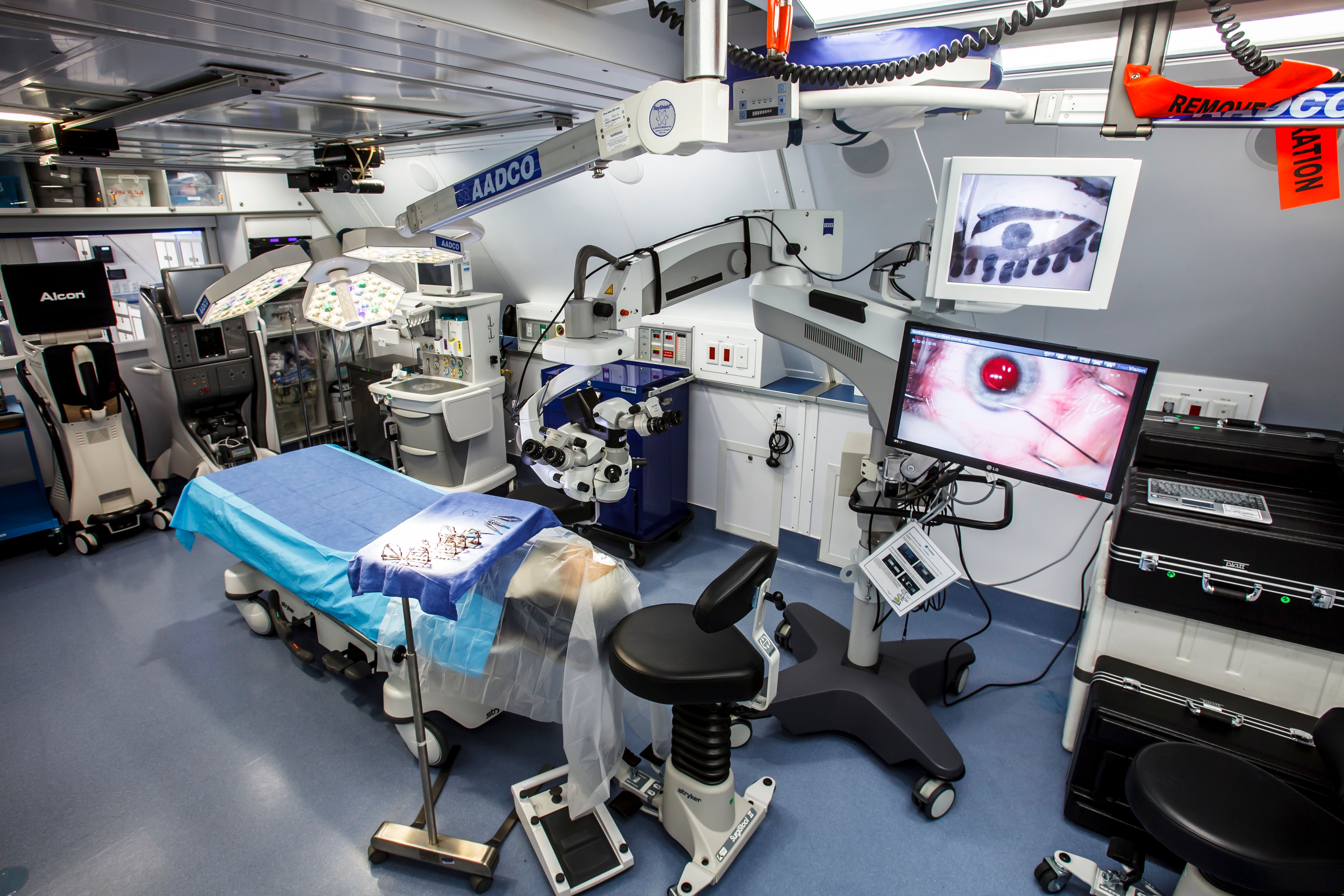 Surgery that takes place in the operating room of the Flying Eye Hospital is broadcast live in the plane's classroom and through Cybersight, Orbis's telemedicine platform.