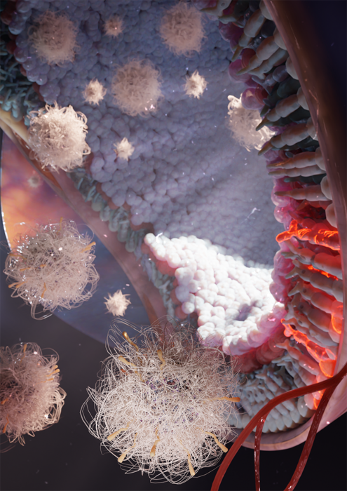 This scientific illustration shows the approach's lipid nanoparticle shells, which appear as fuzzy beige balls after they have been injected into the eye.