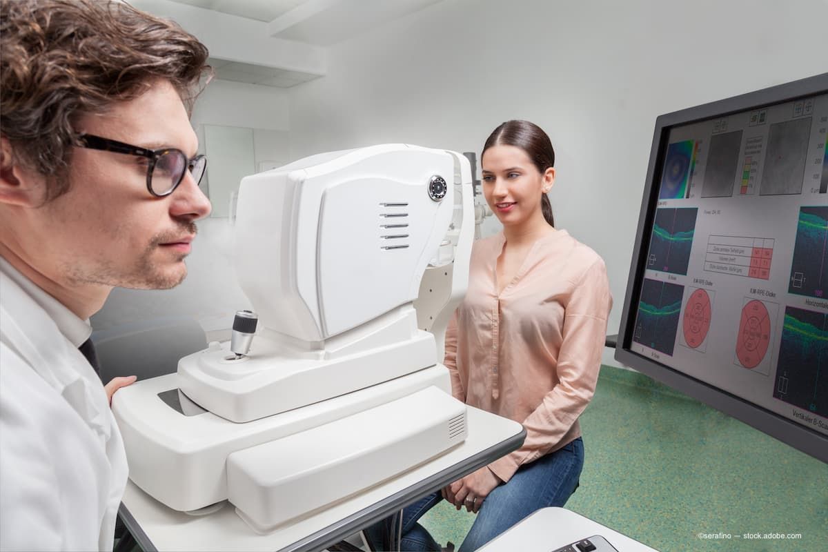 Eye care professional doing an OCT SLO retinal analysis Ophthalmologist in eyes clinic examine Retinal Visual Function with a OCT SLO machine
