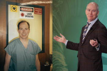 Left: Dr. Maloney in 1998 outside the laser suite at the newly opened Maloney Vision Institute. Right: Dr. Maloney's final symposium talk in May 2025, Los Angeles. Images courtesy Robert Maloney.
