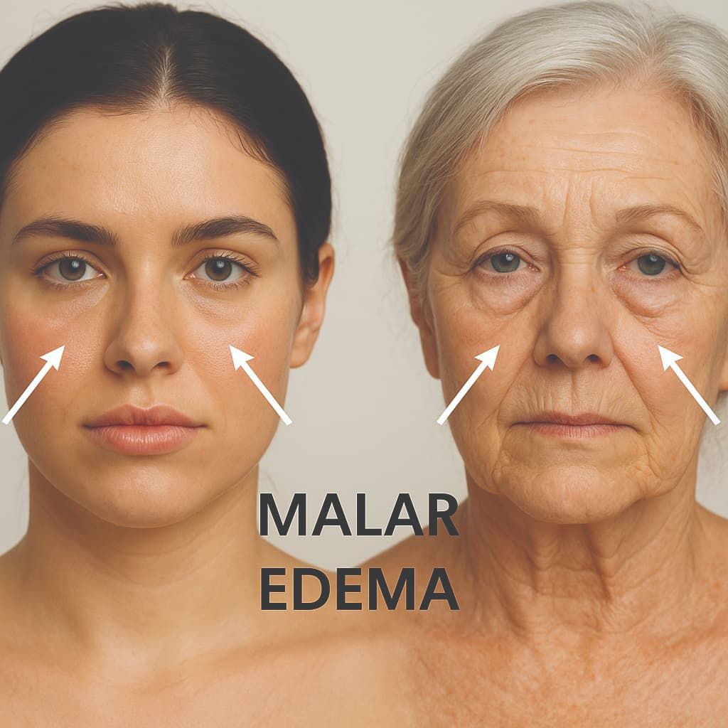 Malar edema (fluid pooling at the lid– cheek junction) can present across ages; recognizing it and distinguishing it from malar mounds and festoons is essential for safe periocular treatment planning. (Image courtesy of Kay Durairaj, MD, FACS; Julie Anush Kazaryan, BS) Malar edema (fluid pooling at the lid– cheek junction) can present across ages; recognizing it and distinguishing it from malar mounds and festoons is essential for safe periocular treatment planning. (Image courtesy of Kay Durairaj, MD, FACS; Julie Anush Kazaryan, BS)