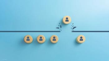 Wooden cubes with icons indicating people, in a line, with one person breaking through an obstacle. Concept image for accessibility in ophthalmology training.  Image credit: ©Worawut – stock.adobe.com