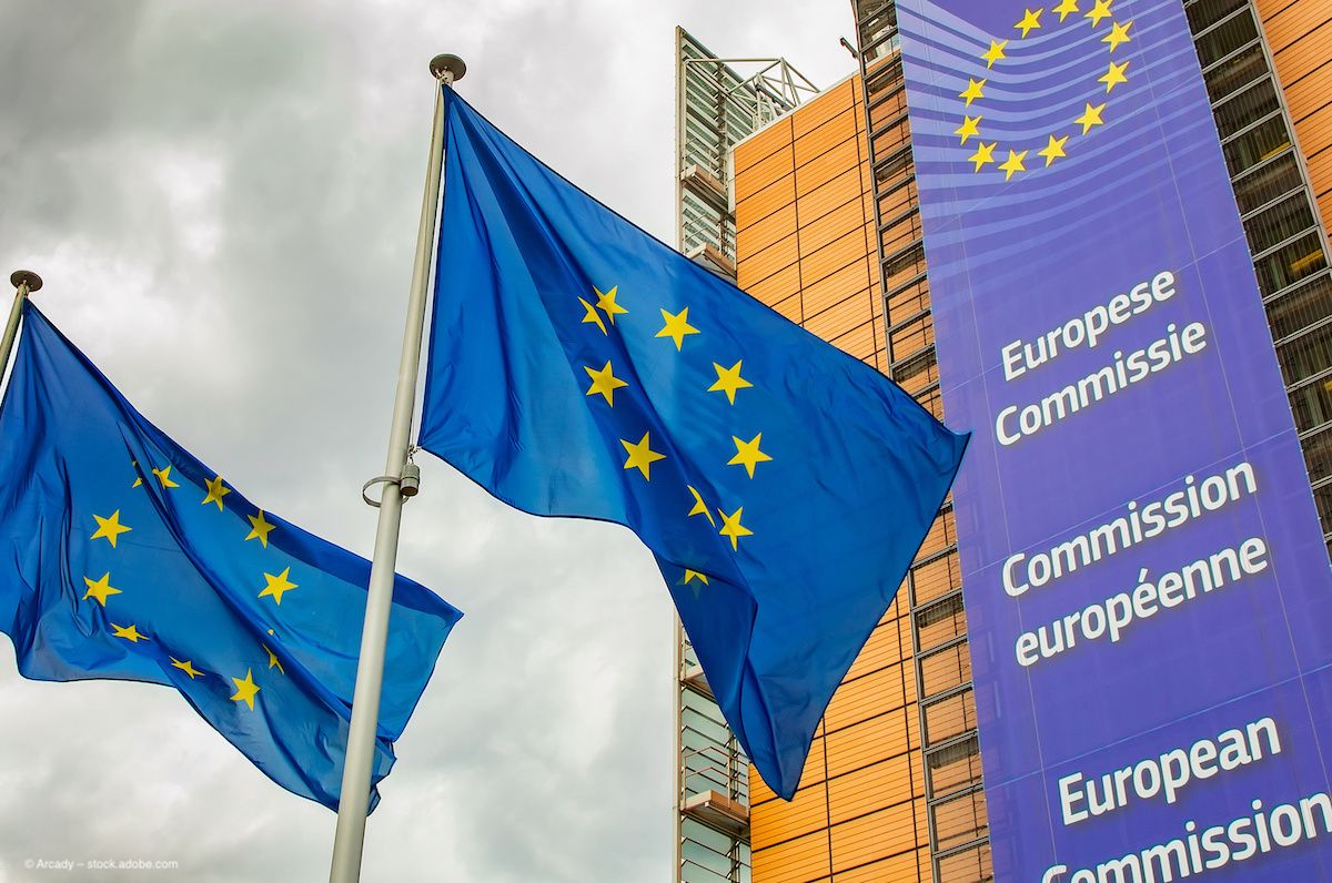 European Union flags outside the European Commission, where the Alcon Clareon Vivity IOL received a CE mark. Image credit: ©Arcady – stock.adobe.com