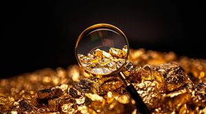 A magnifying glass on top of a pile of gold. 