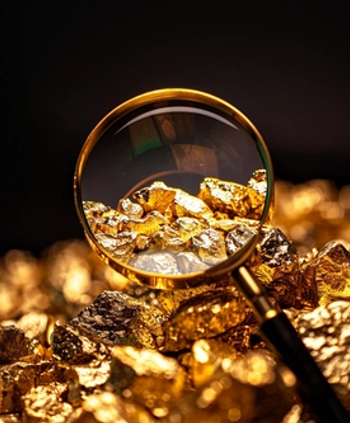 A magnifying glass on top of a pile of gold.