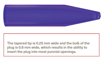 An illustration of a punctal plug. A caption says the tapered tip is 0.25 mm wide and the bulk of the plug is 0.6 mm wide, which results in the ability to insert the plug into most punctal openings.