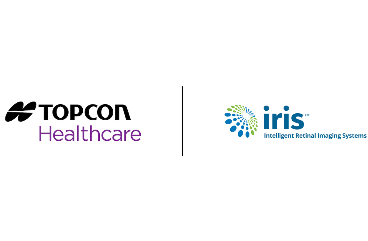 Logos for Topcon Healthcare (left, black and purple) and Intelligent Retinal Imaging Systems (IRIS, right, blue and green). Concept image for diabetic eye disease retina screening company merger. Image courtesy of Topcon Healthcare.