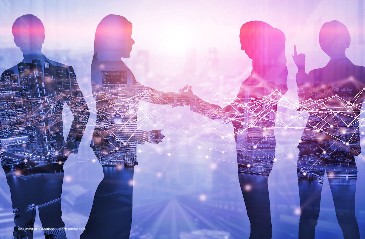 Silhouettes of people meeting are interlaid with a digital interface. Image credit: ©Summit Art Creations – stock.adobe.com