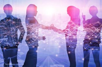 Silhouettes of people meeting are interlaid with a digital interface. Image credit: ©Summit Art Creations – stock.adobe.com