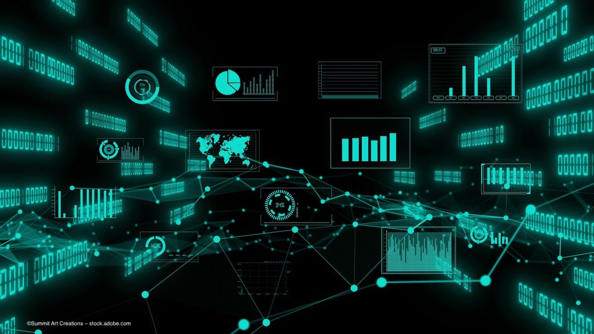A web of graphs, digital graphics and binary code visualising data. Image credit: ©Summit Art Creations – stock.adobe.com