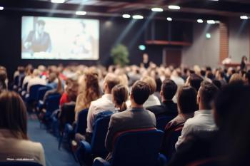 A crowd listens to a speaker at a conference. Image credit: ©Bojan – stock.adobe.com
