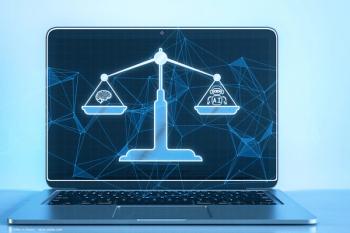 A picture of a scale on a laptop computer. One side of the scale holds a human brain, the other holds a laptop, symbolising artificial intelligence. Image credit: ©Who is Danny – stock.adobe.com