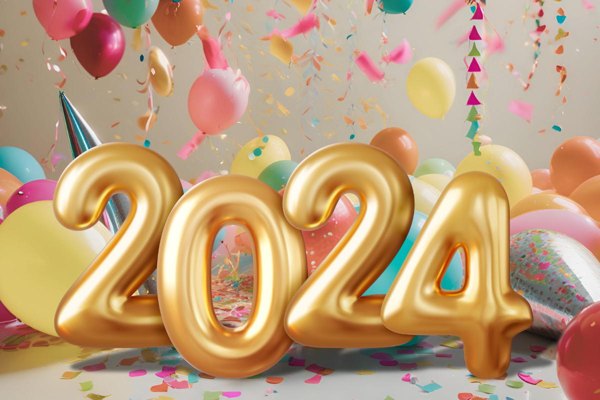 The number 2024 in shiny mylar balloons, on a backdrop of confetti, balloons and streamers. Image created with Canva AI.