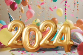 The number 2024 in shiny mylar balloons, on a backdrop of confetti, balloons and streamers. Image created with Canva AI.