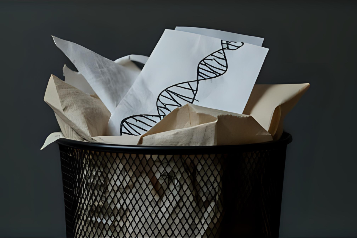 A mesh wire trash can with lots of wadded-up pieces of paper in it. Some of the pieces of paper have visible drawing. DNA helixes are drawn on some of the pieces of wadded-up paper. Concept image for gene therapy, age-related macular degeneration and new approach to AMD treatment. Image created with Canva AI Magic Media.