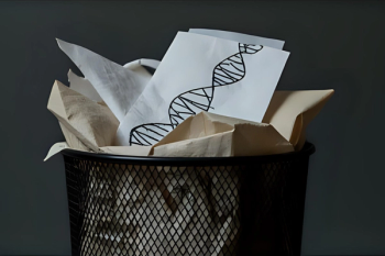 A mesh wire trash can with lots of wadded-up pieces of paper in it. Some of the pieces of paper have visible drawing. DNA helixes are drawn on some of the pieces of wadded-up paper. Concept image for gene therapy, age-related macular degeneration and new approach to AMD treatment. Image created with Canva AI Magic Media.