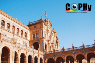 A photo of Seville, Spain, with the Congress on Controversies in Ophthalmology logo superimposed on it. Image credit: ©francovolpato – stock.adobe.com; logo courtesy COPHy