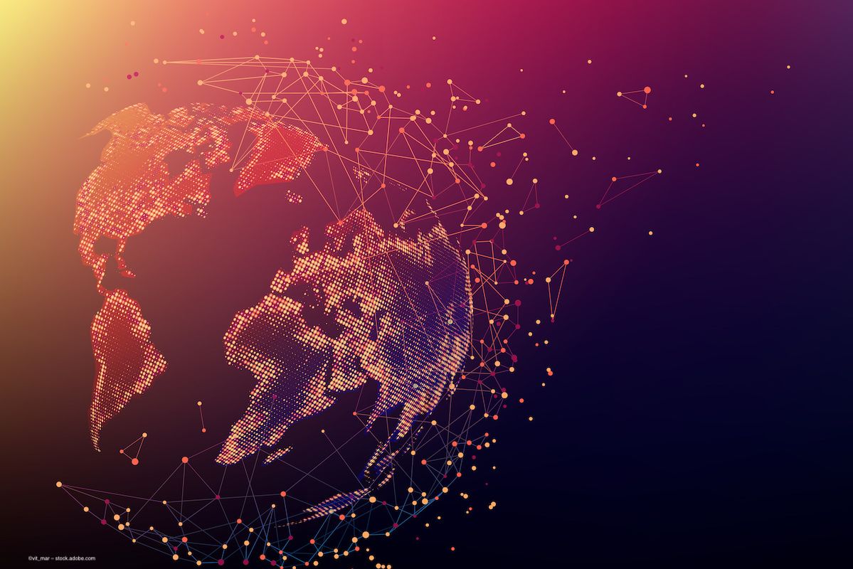 Planet Earth, made up of pixels, on orange and blue futuristic background. Some of the pixels are flying into space to represent data being transmitted globally. Image credit: ©vit_mar – stock.adobe.com