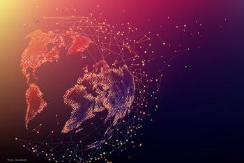 Planet Earth, made up of pixels, on orange and blue futuristic background. Some of the pixels are flying into space to represent data being transmitted globally. Image credit: ©vit_mar – stock.adobe.com