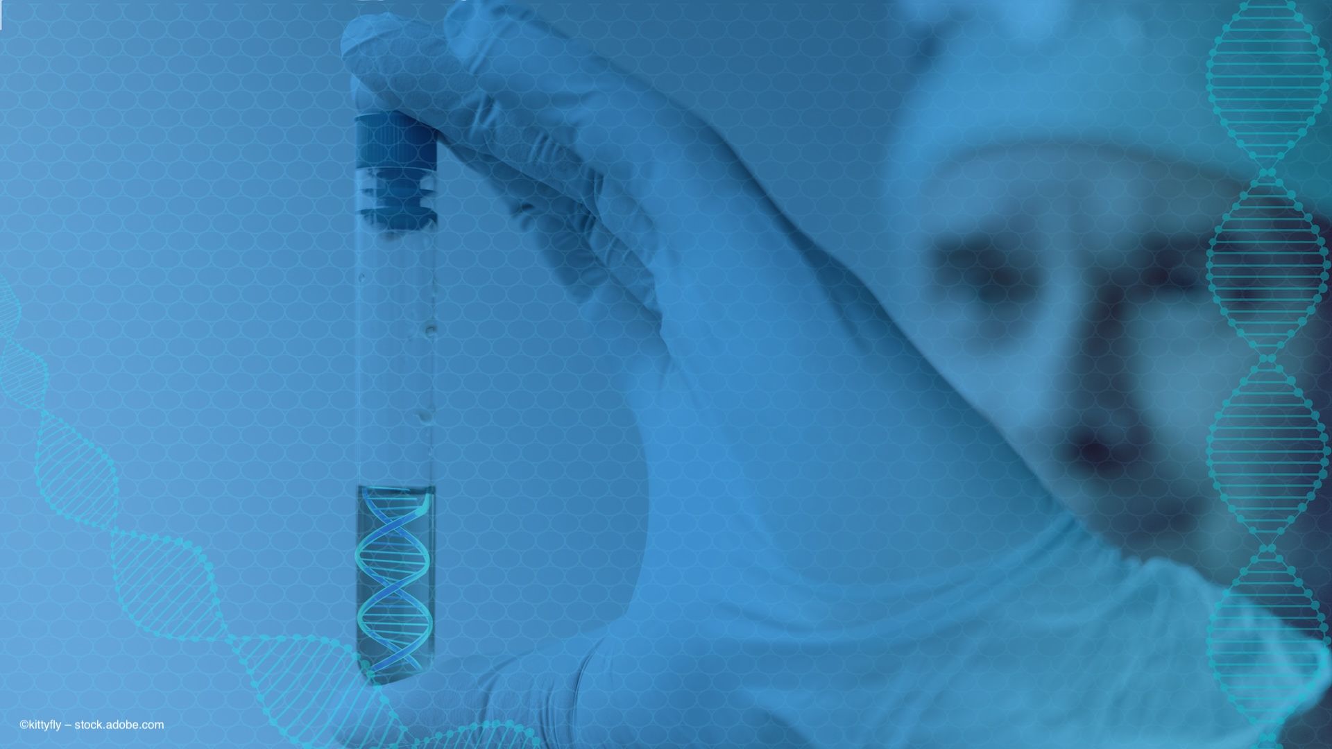 A scientist or doctor holds a beaker with liquid, behind a foreground of illustrated DNA helix imagery. Concept for DNA testing, optogenetics and gene therapy in inherited retinal disease. Image credit: ©kittyfly – stock.adobe.com