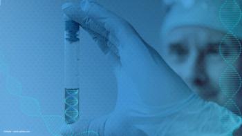 A scientist or doctor holds a beaker with liquid, behind a foreground of illustrated DNA helix imagery. Concept for DNA testing, optogenetics and gene therapy in inherited retinal disease. Image credit: ©kittyfly – stock.adobe.com