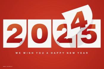 Calendar pages for 2024 are peeling away, replaced by pages for 2024. The message below reads, "We wish you a happy new year." Image credit: ©simbos – stock.adobe.com