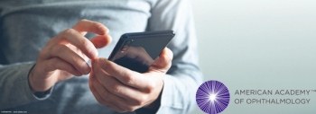 A person holding a cell phone next to the AAO logo. Stock image credit: ©ARAMYAN – stock.adobe.com. Logo courtesy American Academy of Ophthalmology.